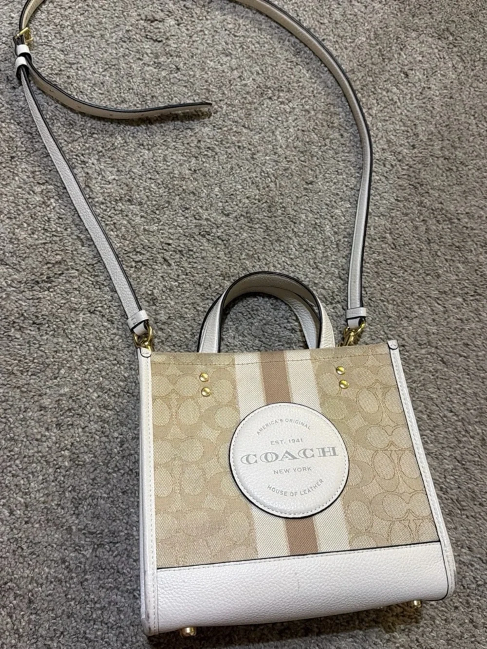 Coach Beige and Cream Signature Canvas Tote with Gold Accents